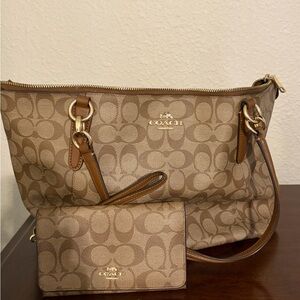 Coach Tan and Brown Signature Shoulder Bag and Wallet